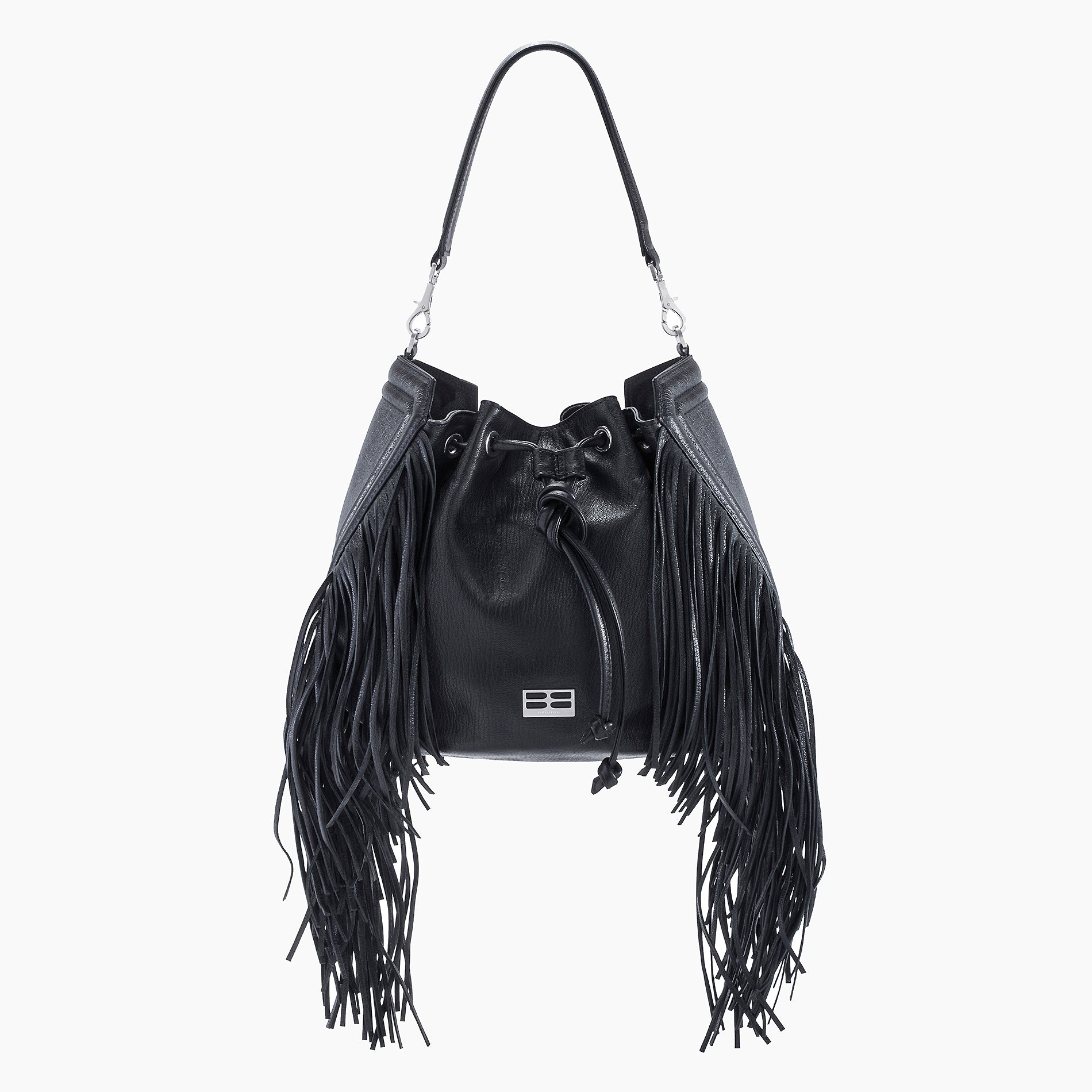 Lucky Hobo Bucket Bag With Fringe - Black Goatskin