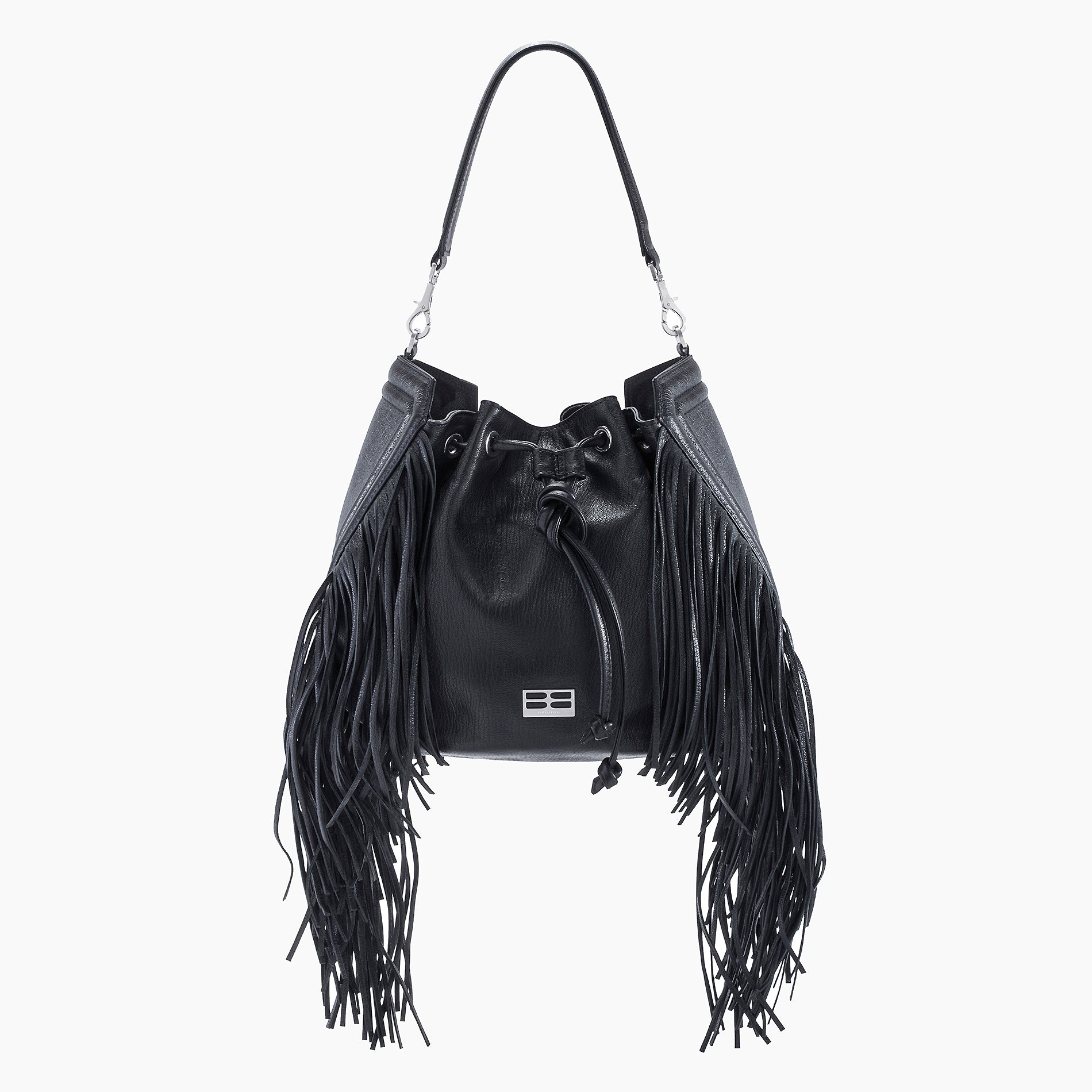 Lucky Hobo Bucket Bag With Fringe Black Goatskin – badura