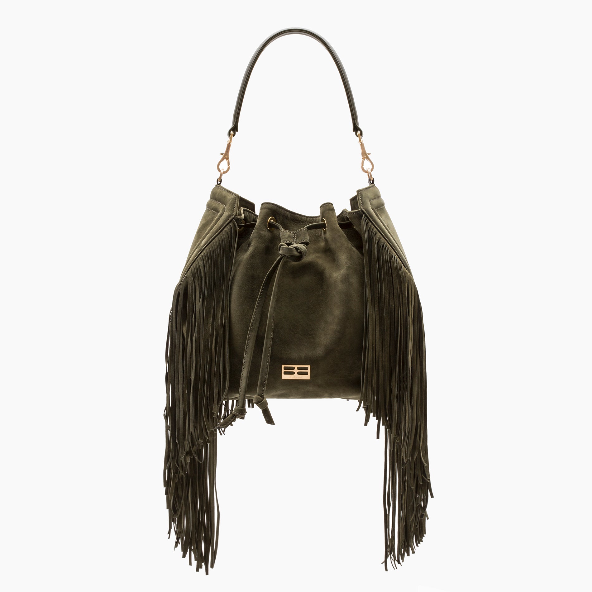 Lucky Hobo Bucket Bag With Fringe Olive Suede