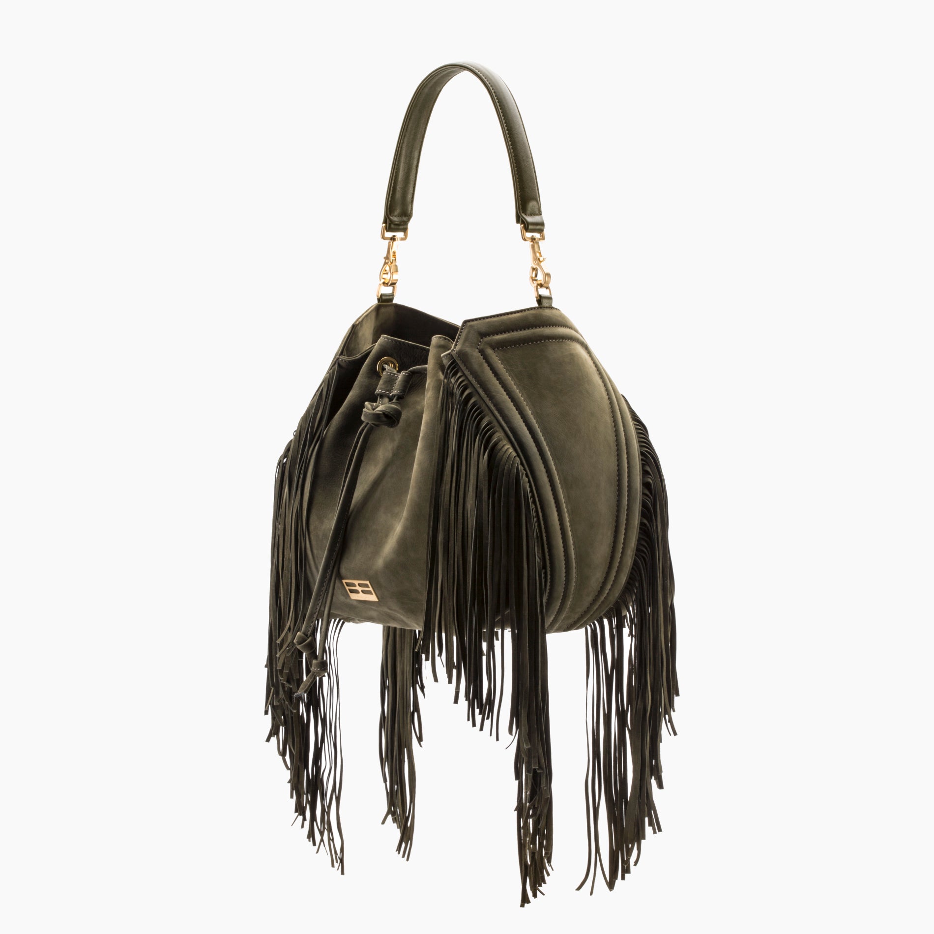 Lucky Hobo Bucket Bag With Fringe Olive Suede