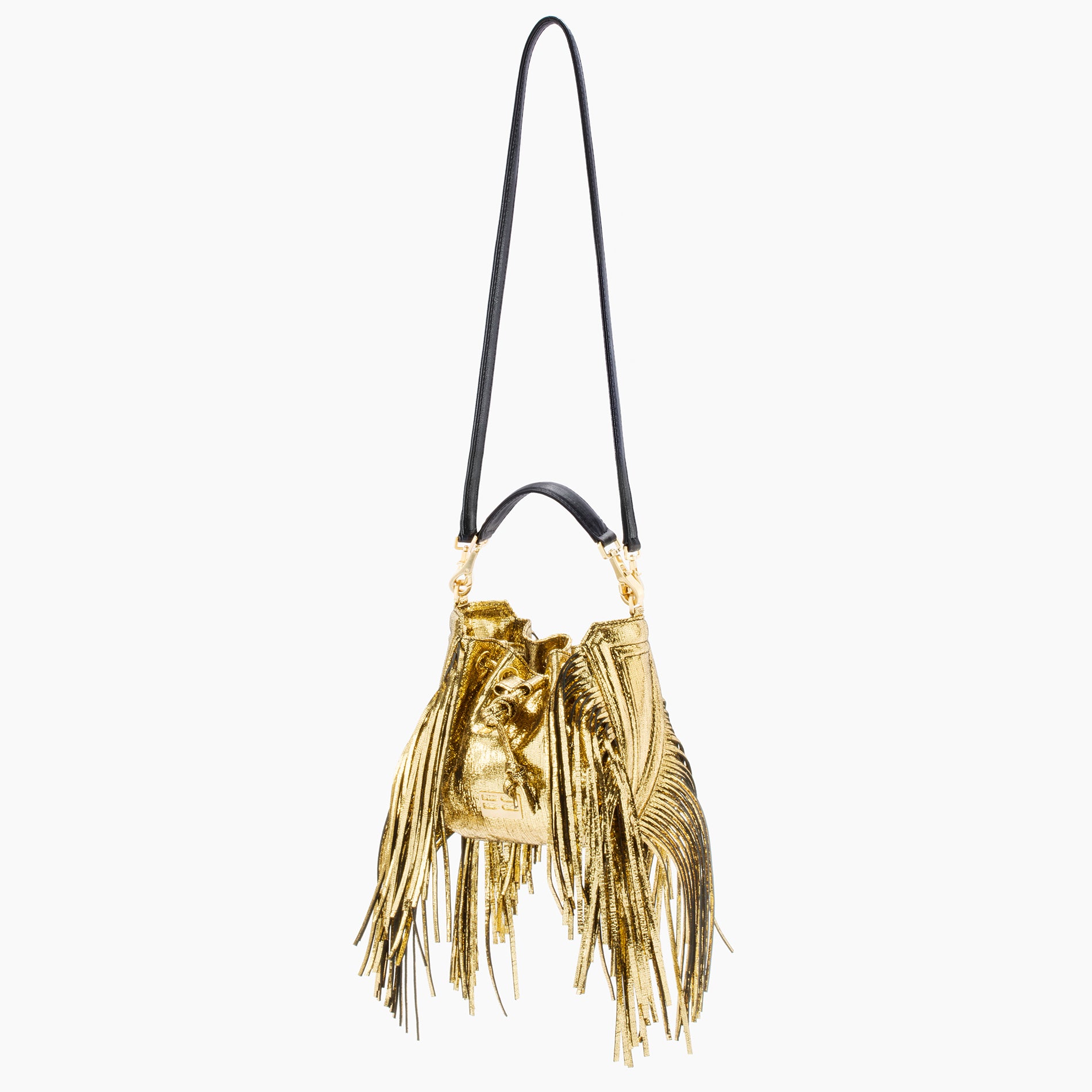 Mini Lucky Hobo Bucket Bag With Fringe - Gold Laminated Goatskin – badura