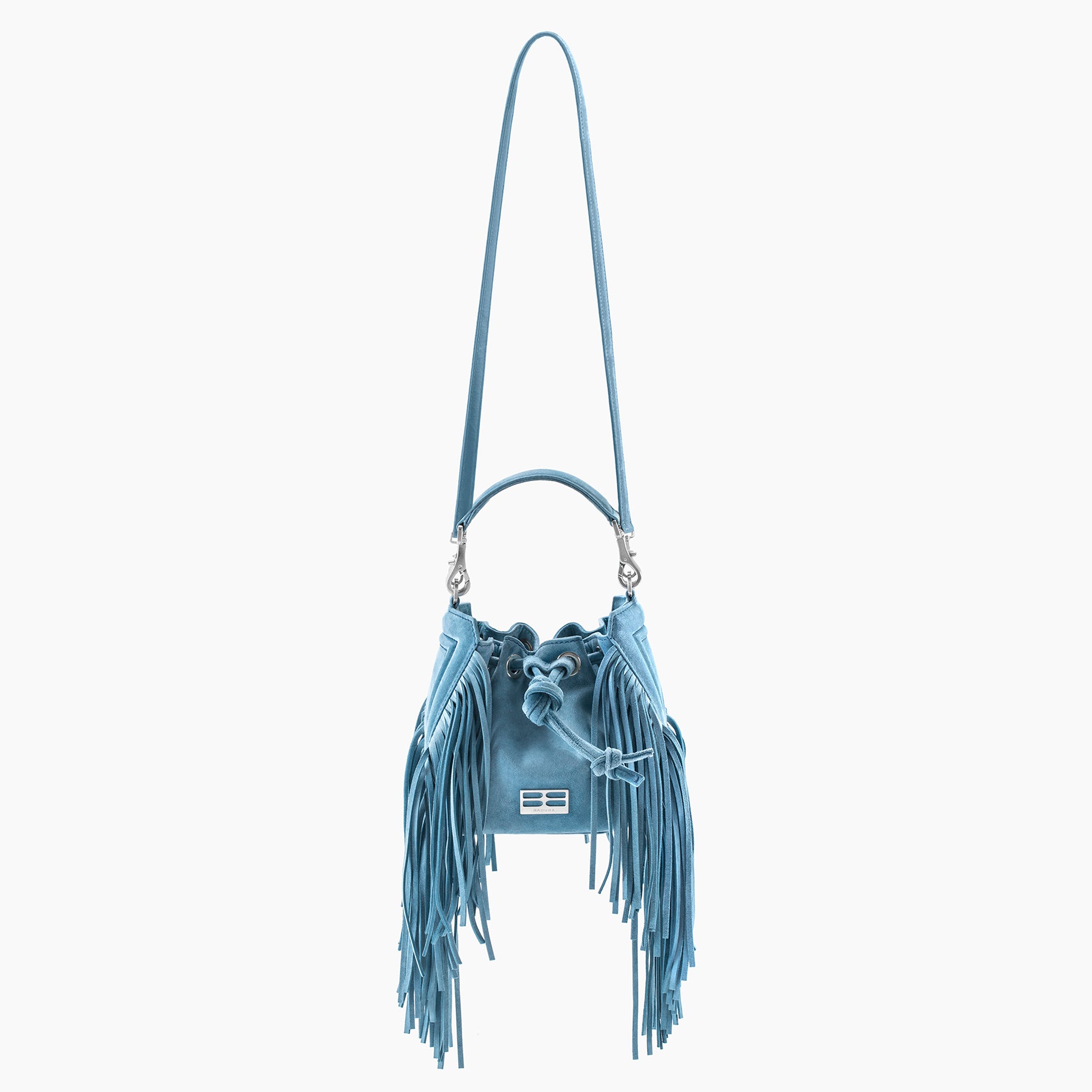 Mini Lucky Hobo Bucket Bag With Fringe Sky Blue Suede